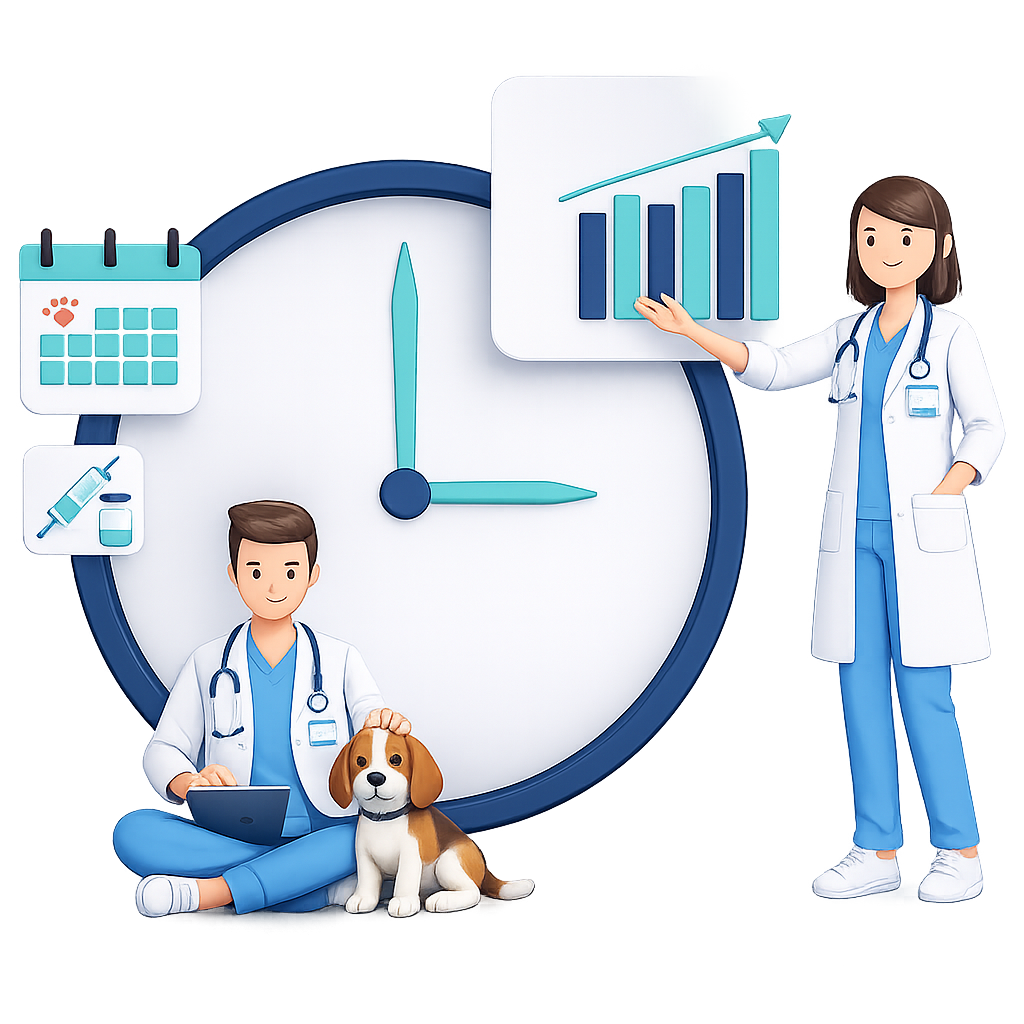 Equipo veterinario trabajando eficientemente con SkyVet